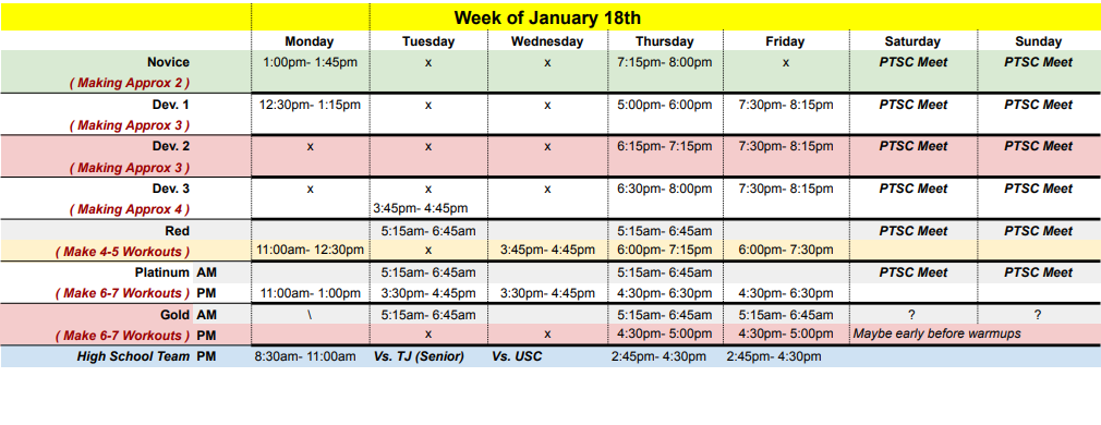 PTSC practice schedule:Week of Jan 18