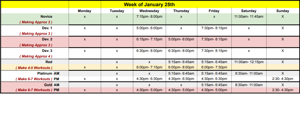 PTSC practice schedule:Week of Jan 25