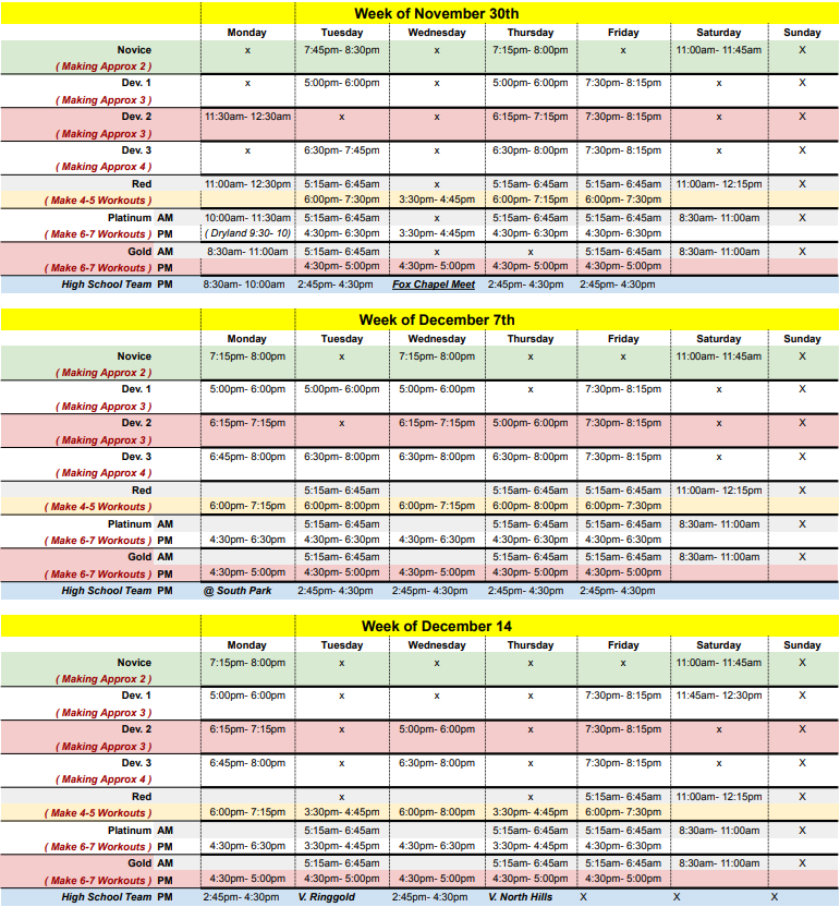PTSC practice schedule:week of November 30, 2025 through week of December 14