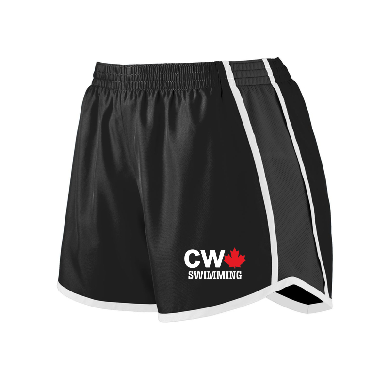 CW women’s athletic shorts, black with white trim