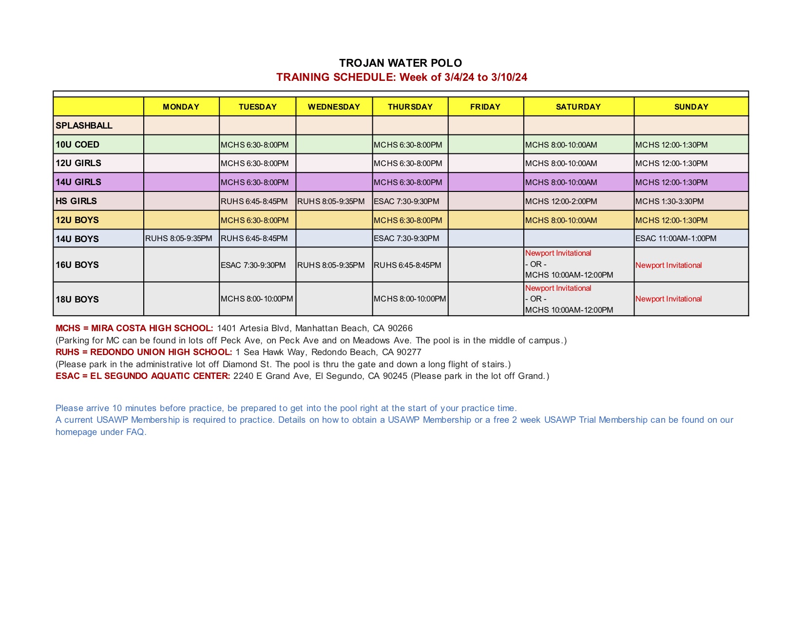Trojan Water PoloTraining Schedule Week of Mar 4 to Mar 10, 2024
