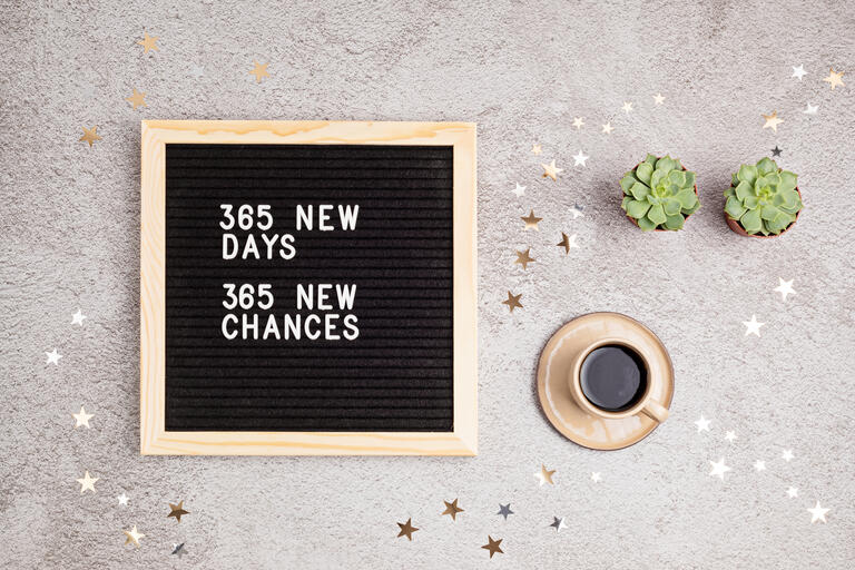 365 new days, 365 new chances. Letter board with motivational quote on grey concrete background with coffee cup. New year resolutions and goal setting, self improvement and development concept.