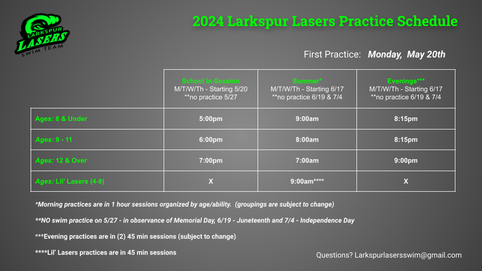 Larkspur Lasers Swim Team Practice Schedule